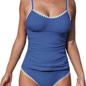 Cupshe Royal Blue Tankini Set with White Trim - Women Swim